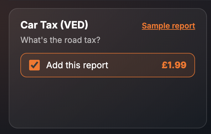 The Car Tax (VED) card on the SortedCars Paid Check page, with Add this report ticked at £1.99