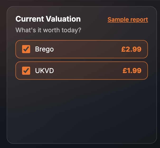 The Current Valuation card on the SortedCars Paid Check page, with Brego at £2.99 and UKVD at £1.99 both ticked