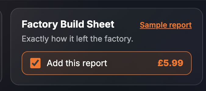 The Factory Build Sheet card on the SortedCars Paid Check page, ticked at £5.99