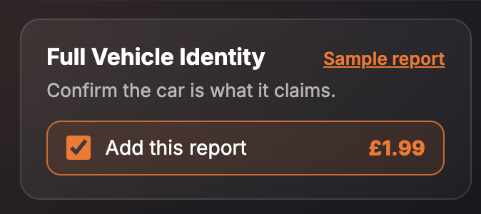 The Full Vehicle Identity card on the SortedCars Paid Check page, with Add this report ticked at £1.99