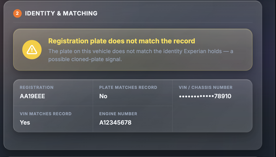 Sample Identity & Matching section showing the verdict Registration plate does not match the record, with registration, plate matches record, masked VIN, VIN matches record and engine number fields