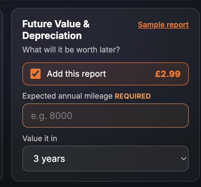 The Future Value & Depreciation card on the SortedCars Paid Check page, with Add this report ticked at £2.99, an expected annual mileage field and a Value it in dropdown set to 3 years