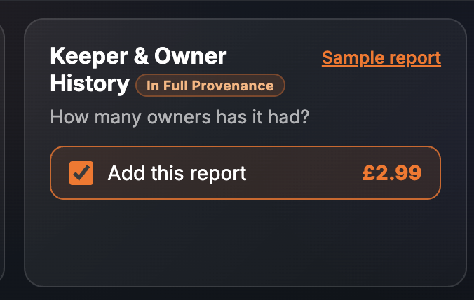 The Keeper & Owner History card on the SortedCars Paid Check page, ticked at £2.99, with the In Full Provenance badge