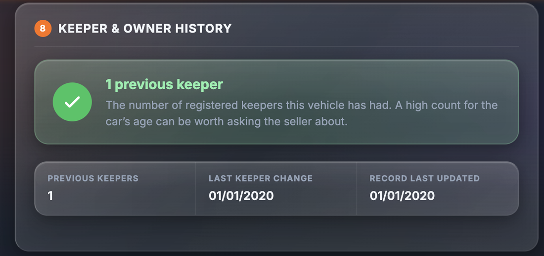 Sample Keeper & Owner History section showing the verdict 1 previous keeper, with fields Previous keepers 1, Last keeper change 01/01/2020 and Record last updated 01/01/2020