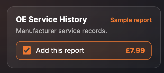 The OE Service History card on the SortedCars Paid Check page, with Add this report ticked at £7.99