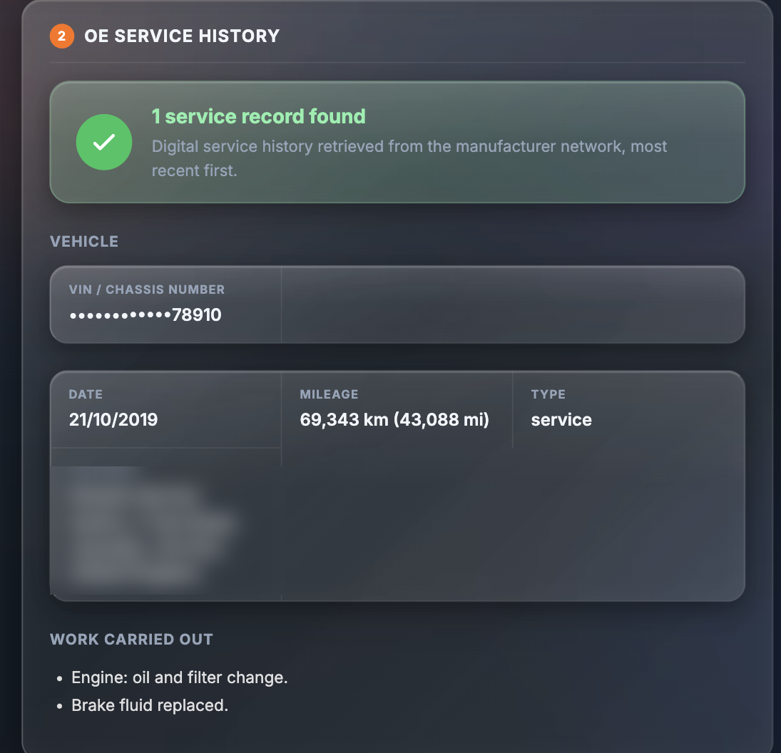 Sample OE Service History section showing 1 service record found, a masked VIN, and one record with date, mileage, type, provider and work carried out