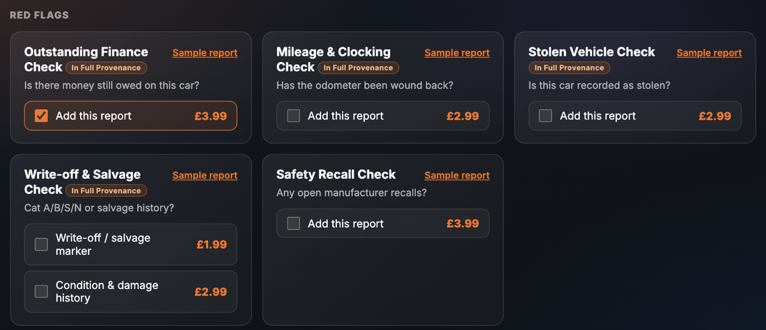 The Red flags group on the SortedCars Paid Check page, with the Outstanding Finance Check ticked at £3.99
