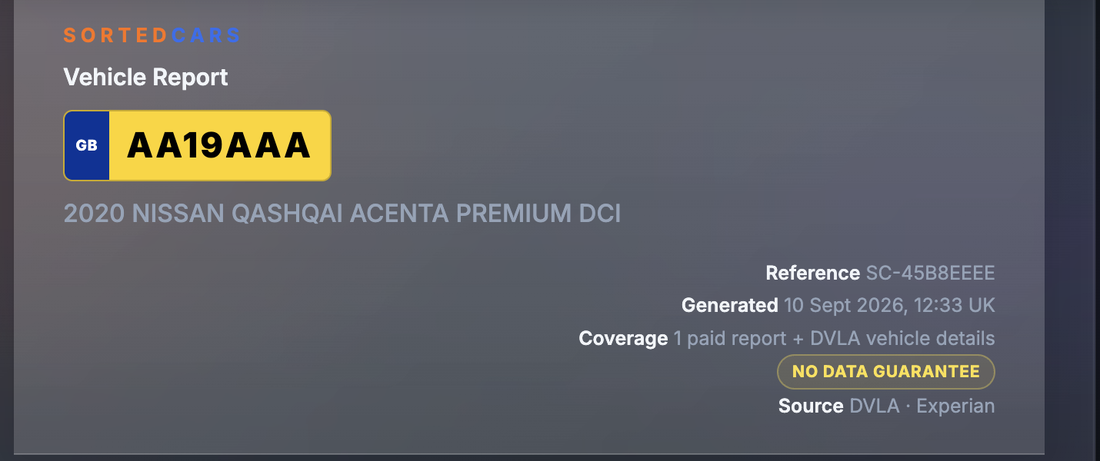 Sample report header showing test registration AA19AAA, reference number, generation time, coverage of 1 paid report plus DVLA vehicle details, and source DVLA and Experian
