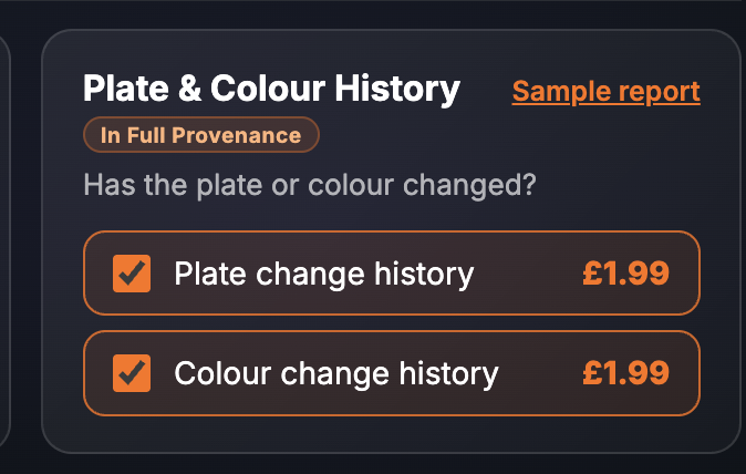 The Plate & Colour History card on the SortedCars Paid Check page, with Plate change history and Colour change history each ticked at £1.99