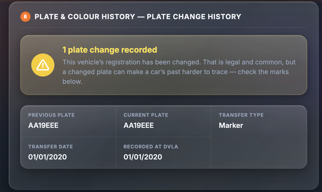Sample Plate change history section showing 1 plate change recorded, with previous plate, current plate, transfer type, transfer date and recorded at DVLA fields