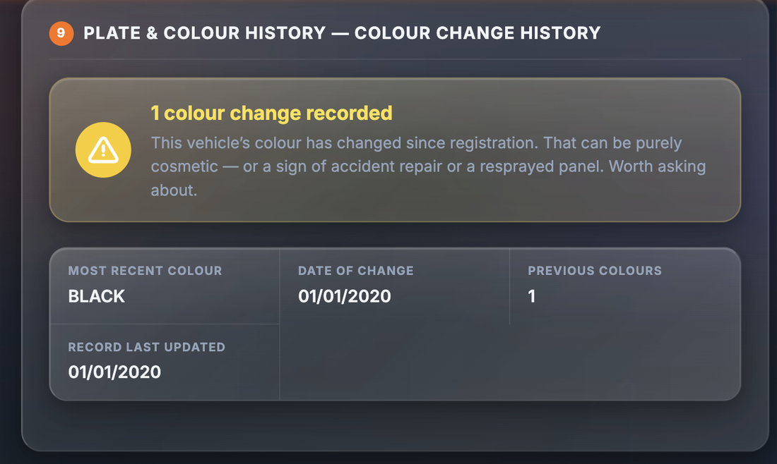 Sample Colour change history section showing 1 colour change recorded, with most recent colour, date of change, previous colours count and record last updated fields