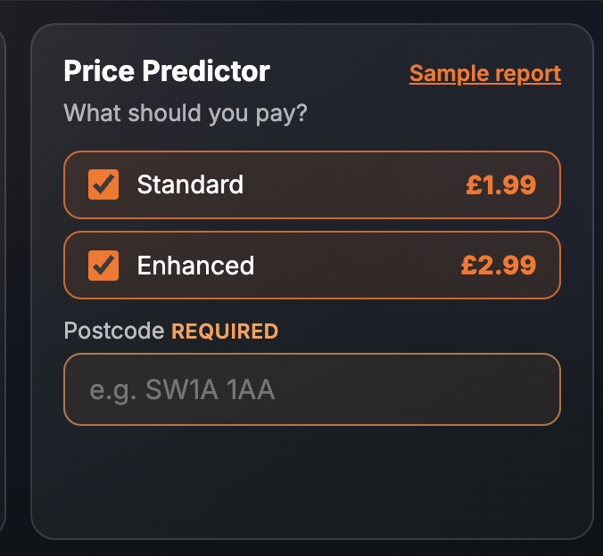 The Price Predictor card on the SortedCars Paid Check page, with Standard at £1.99 and Enhanced at £2.99 ticked and a required postcode field