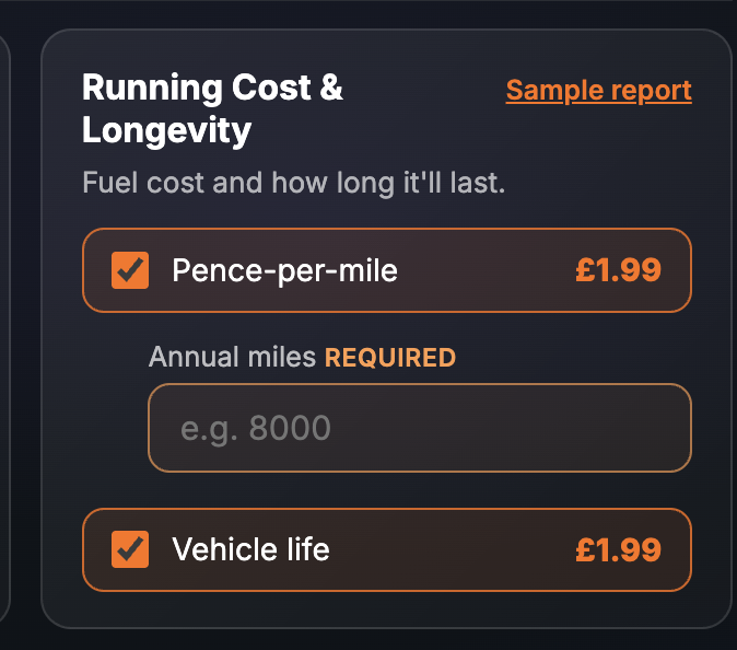 The Running Cost & Longevity card on the SortedCars Paid Check page, with Pence-per-mile ticked at £1.99, an annual miles field, and Vehicle life ticked at £1.99
