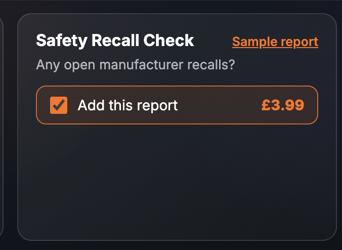The Safety Recall Check card on the SortedCars Paid Check page, ticked at £3.99, asking Any open manufacturer recalls?