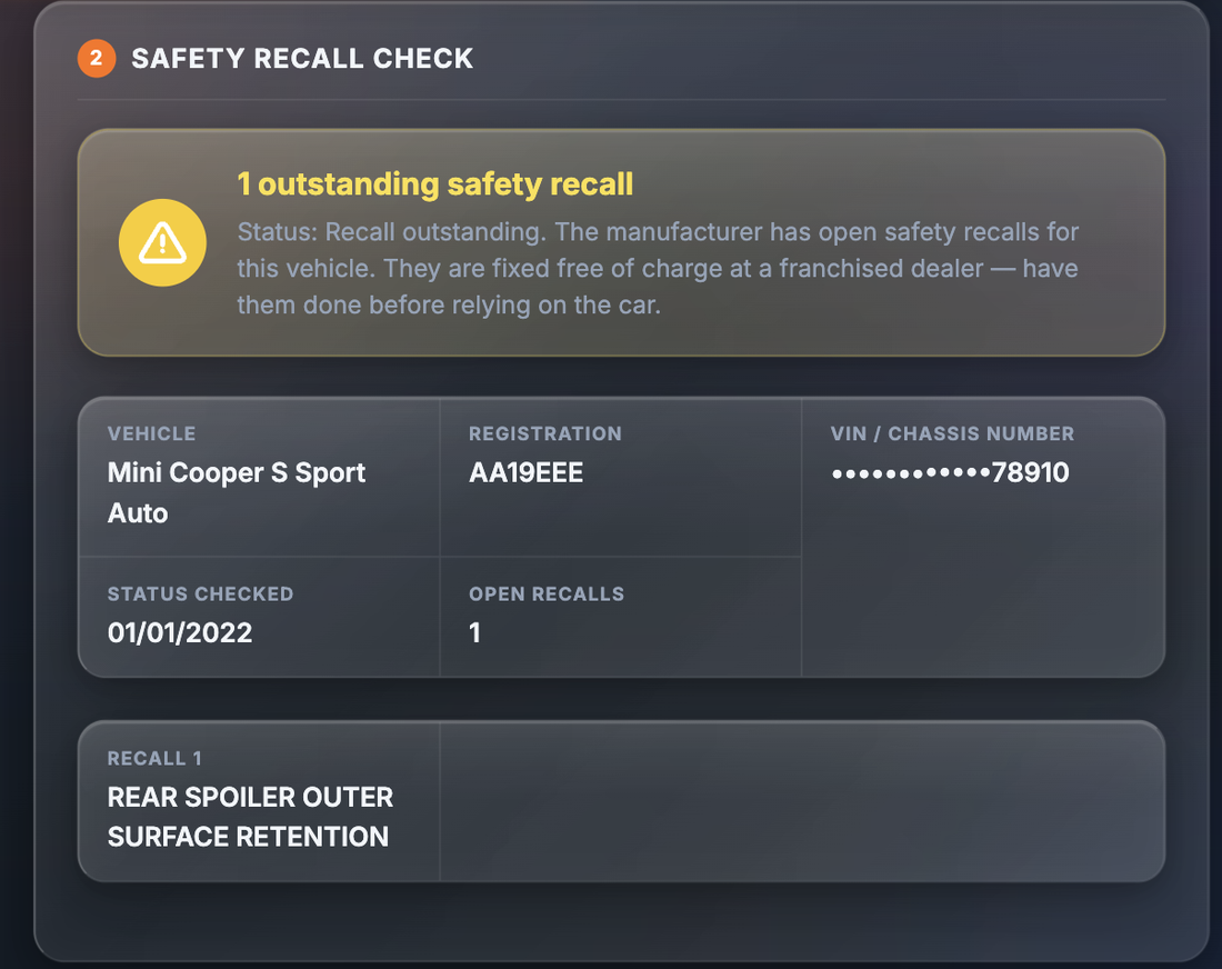 Sample Safety Recall Check section showing the verdict 1 outstanding safety recall, status Recall outstanding, with vehicle Mini Cooper S Sport Auto, test registration AA19EEE, a masked VIN, status checked date, one open recall and Recall 1 titled Rear Spoiler Outer Surface Retention