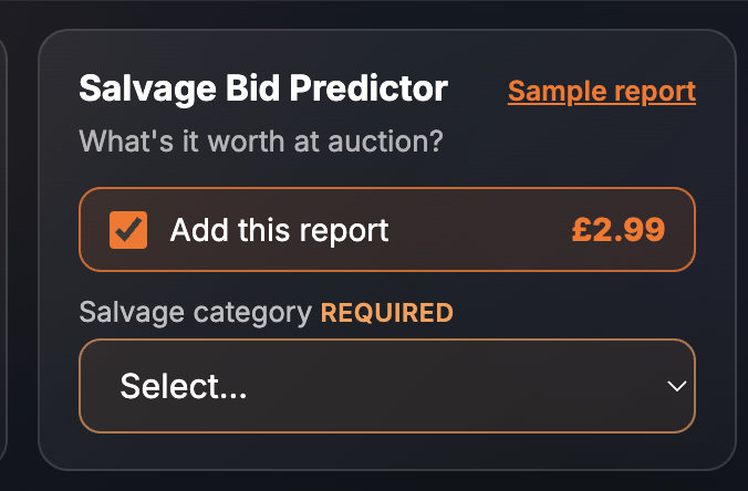 The Salvage Bid Predictor card on the SortedCars Paid Check page, ticked at £2.99, with a required salvage category dropdown