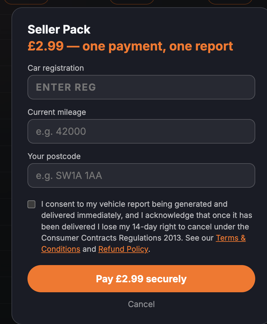 The Seller Pack buy modal listing the three included reports, with fields for registration, current mileage and postcode and the consent checkbox