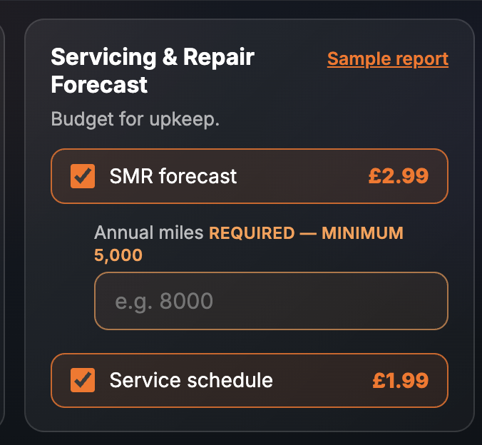 The Servicing & Repair Forecast card on the SortedCars Paid Check page, with SMR forecast ticked at £2.99, an annual miles field, and Service schedule ticked at £1.99