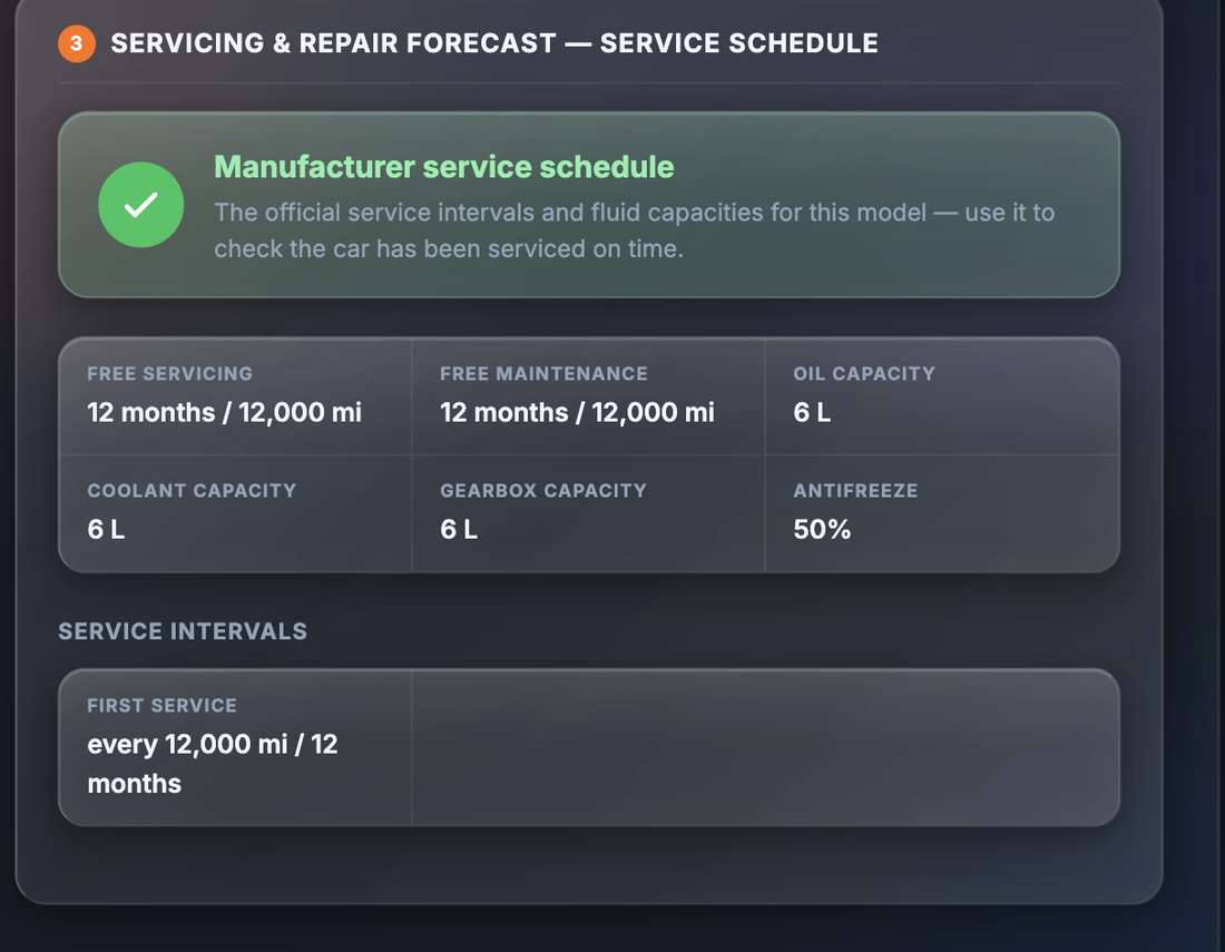 Sample Service Schedule section showing free servicing and maintenance periods, oil, coolant and gearbox capacities, antifreeze percentage and a service intervals list