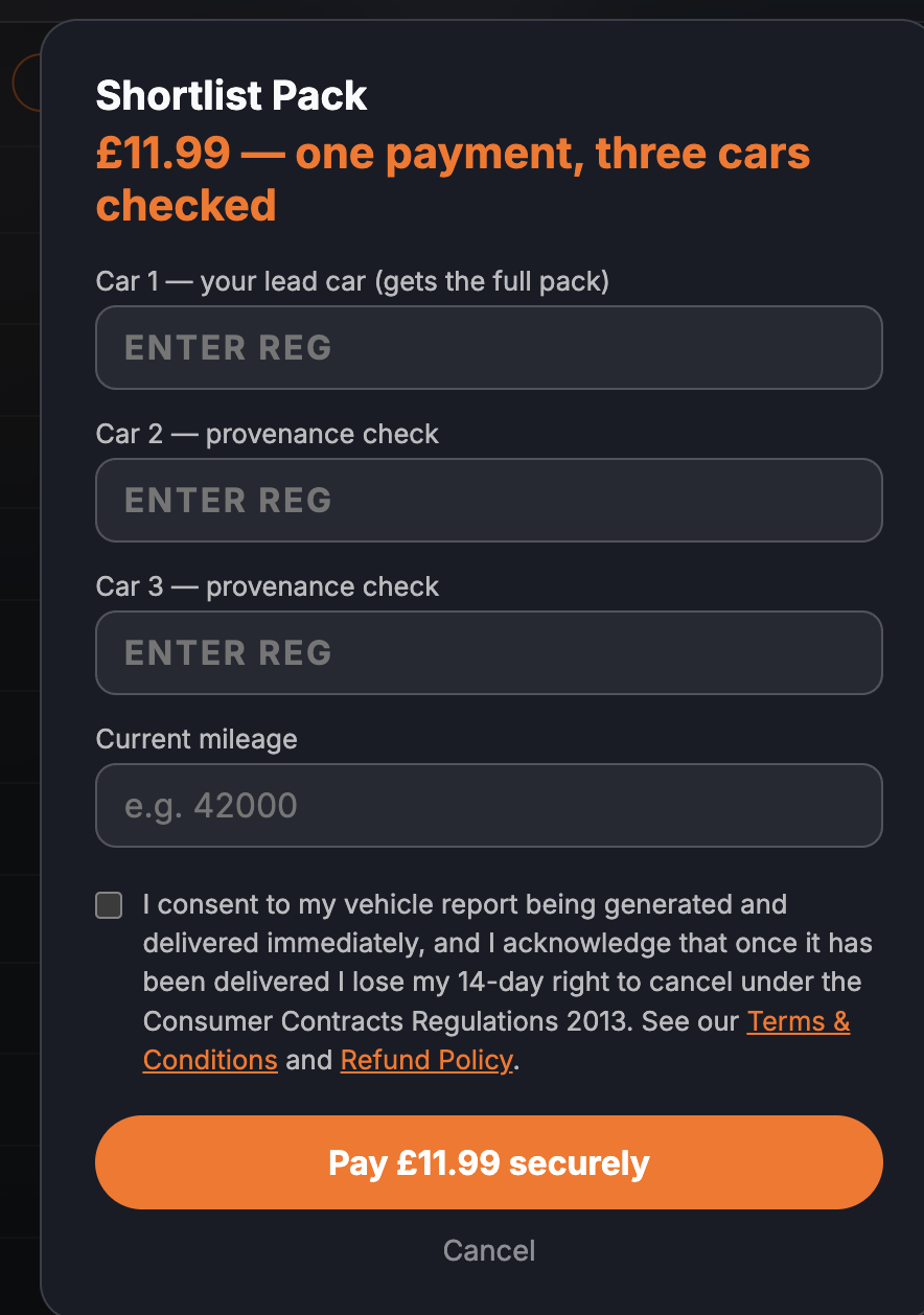 The Shortlist Pack detail panel showing the £11.99 price, three cars covered, and the reports included