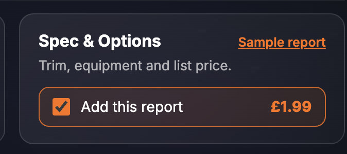 The Spec & Options card on the SortedCars Paid Check page, ticked at £1.99