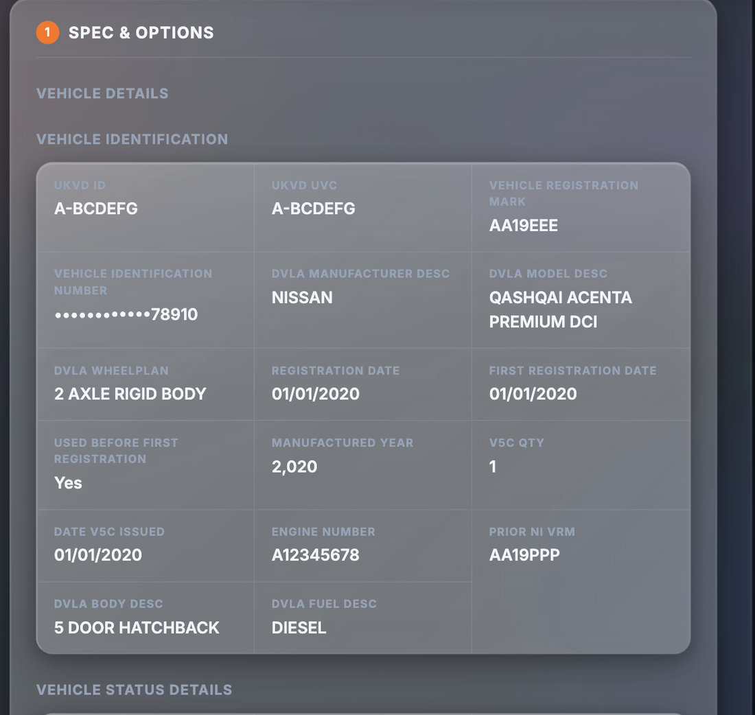 Sample Spec & Options section top showing the vehicle identification block with UKVD ID, test registration AA19EEE, masked VIN, DVLA manufacturer and model descriptions, wheelplan, registration dates, V5C quantity, engine number, prior NI VRM, body and fuel