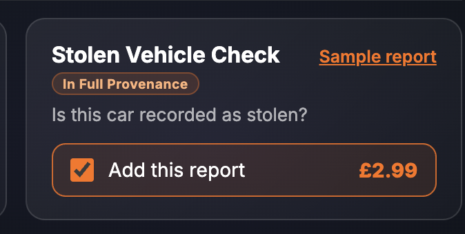 The Stolen Vehicle Check card on the SortedCars Paid Check page, with Add this report ticked at £2.99
