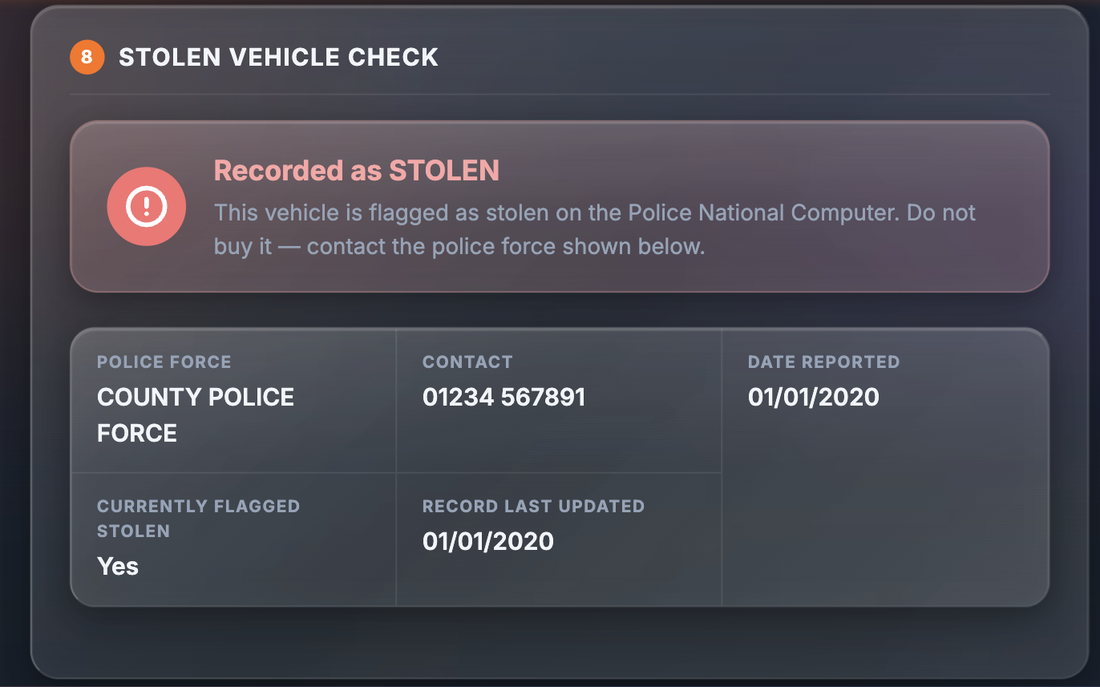 Sample Stolen Vehicle Check section showing the verdict Recorded as STOLEN, with police force, contact, date reported, currently flagged stolen and record last updated fields
