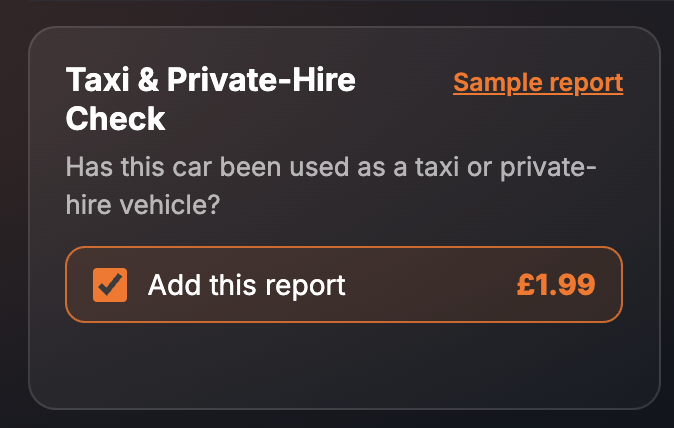 The Taxi & Private-Hire Check card on the SortedCars Paid Check page, with Add this report ticked at £1.99
