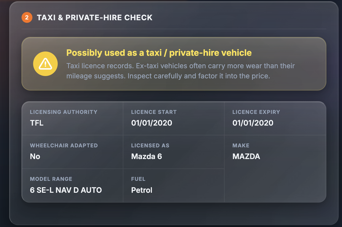 Sample Taxi & Private-Hire Check section showing the verdict Possibly used as a taxi / private-hire vehicle, with licensing authority, licence start, licence expiry, wheelchair adapted, licensed as, make, model range and fuel fields