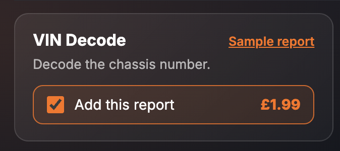 The VIN Decode card on the SortedCars Paid Check page, with Add this report ticked at £1.99