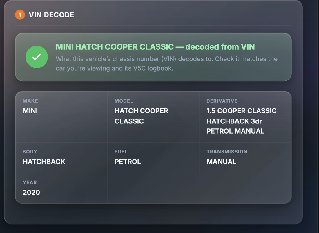Sample VIN Decode section showing the make and model decoded from the VIN, with make, model, derivative, body, fuel, transmission and year fields