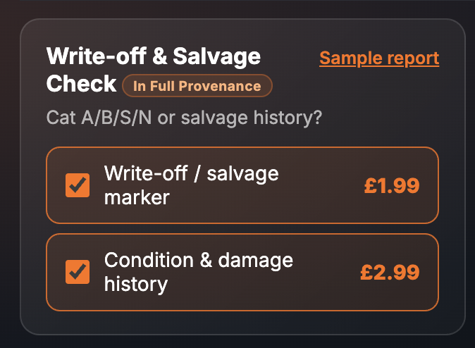 The Write-off & Salvage Check card on the SortedCars Paid Check page with two ticked options: Write-off / salvage marker at £1.99 and Condition & damage history at £2.99